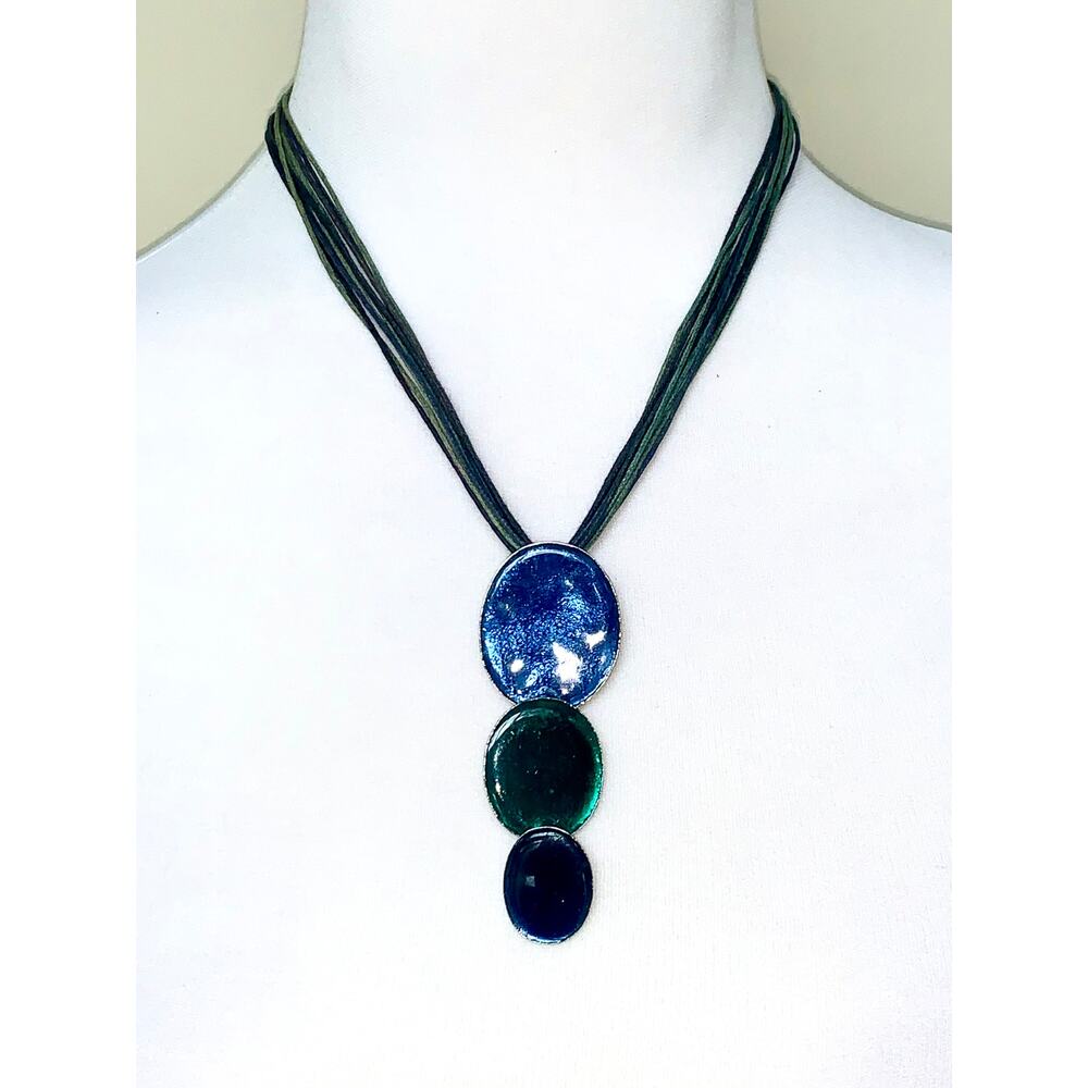 EVA Blue Green Cascading Oval Pendant Statement Necklace EUC